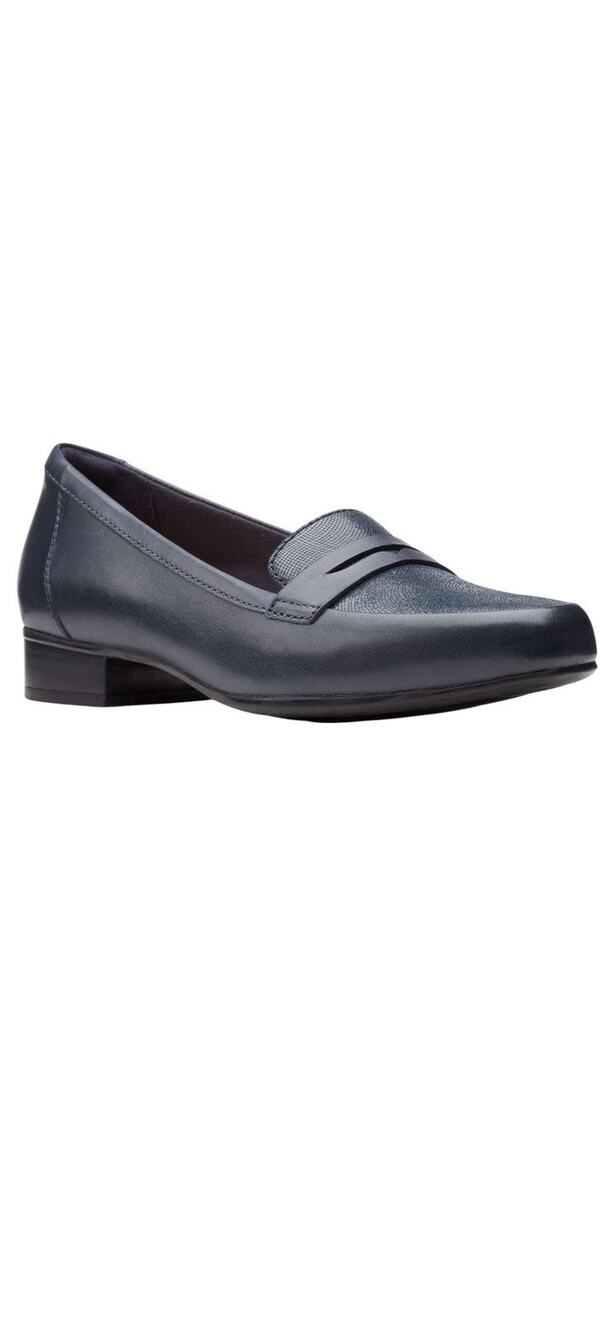 New $115 CLARKS Juliet Coast Womens 8.5W Leather Pebbled Navy Penny Loafer Shoes